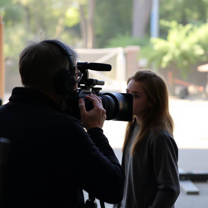 Behind-the-Scenes-Foto: Eine Regisseurin gibt Anweisungen an einen Schauspieler während der Dreharbeiten.