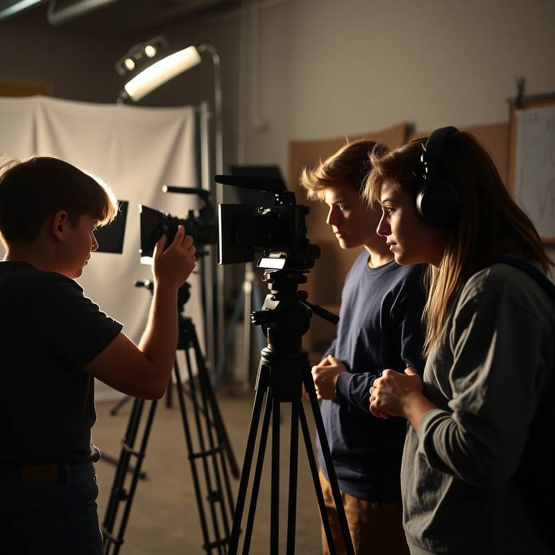 Behind-the-Scenes-Foto: Studenten arbeiten an der Beleuchtung für eine Szene in einem Kurzfilm.