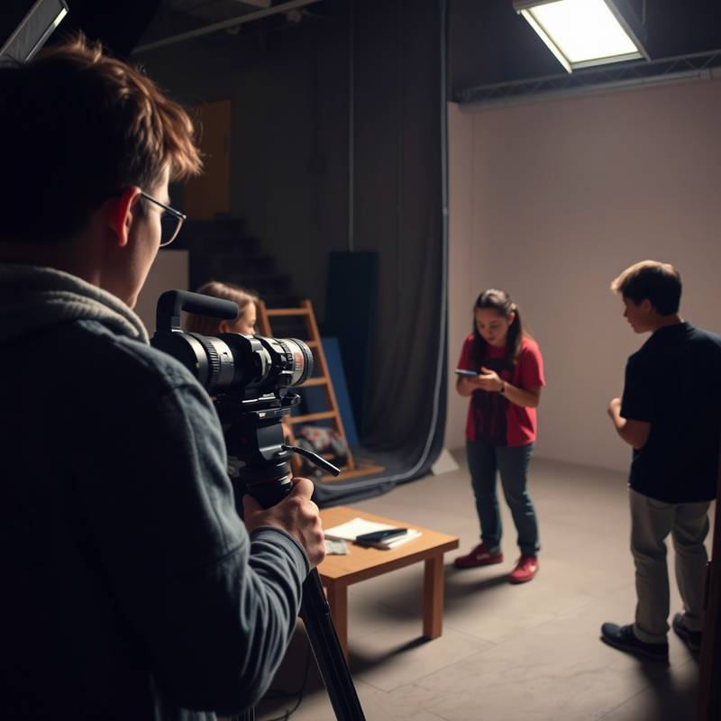 Behind-the-Scenes-Foto: Studenten beim Dreh einer Szene in einem improvisierten Studio.