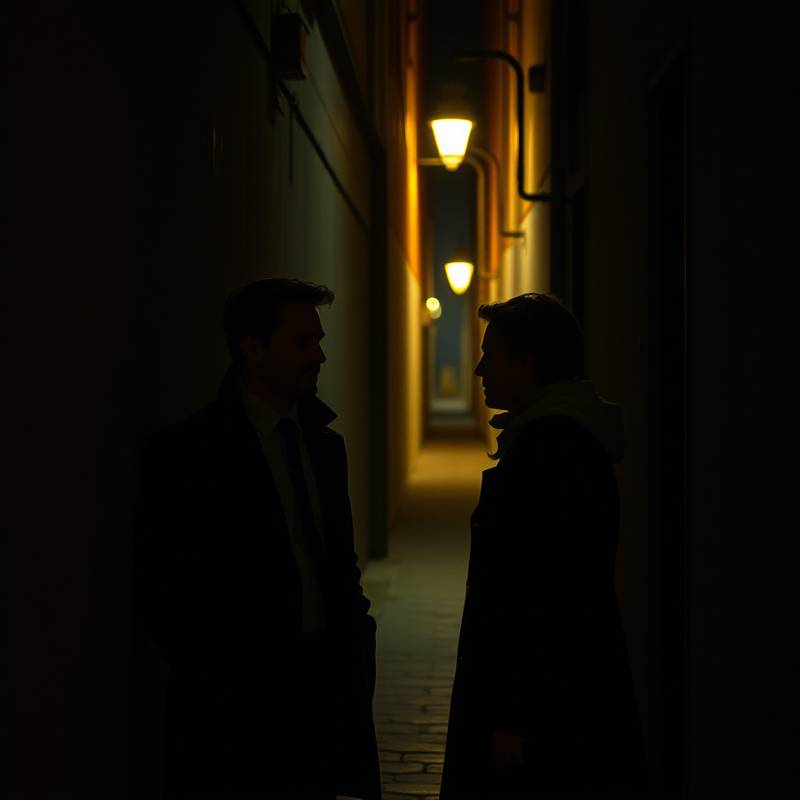 Filmstill aus dem Spielfilm 'Nachtschatten': Zwei Personen unterhalten sich in einer dunklen Gasse.